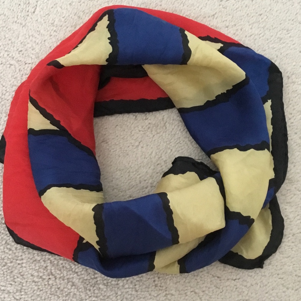 Vintage designer Schiaparelli Silk Scarf Red, Blue and Cream Geometric Panels
